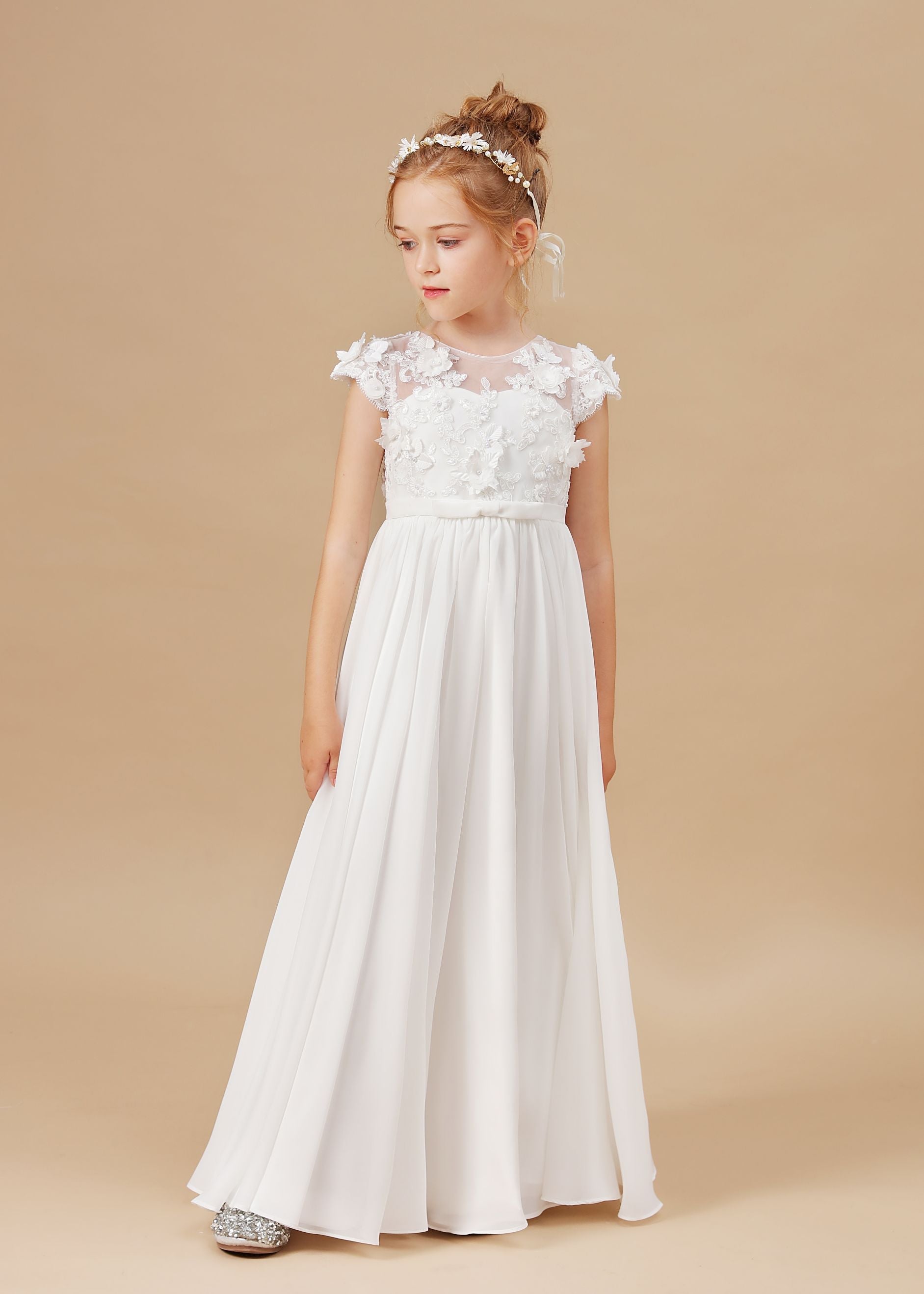 A Line Floor Length Ivory Chiffon Appliques Flower Girl Dress