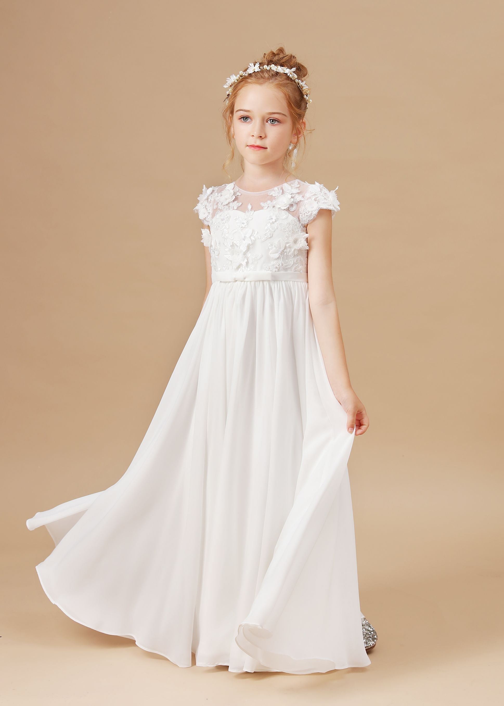 A Line Floor Length Ivory Chiffon Appliques Flower Girl Dress