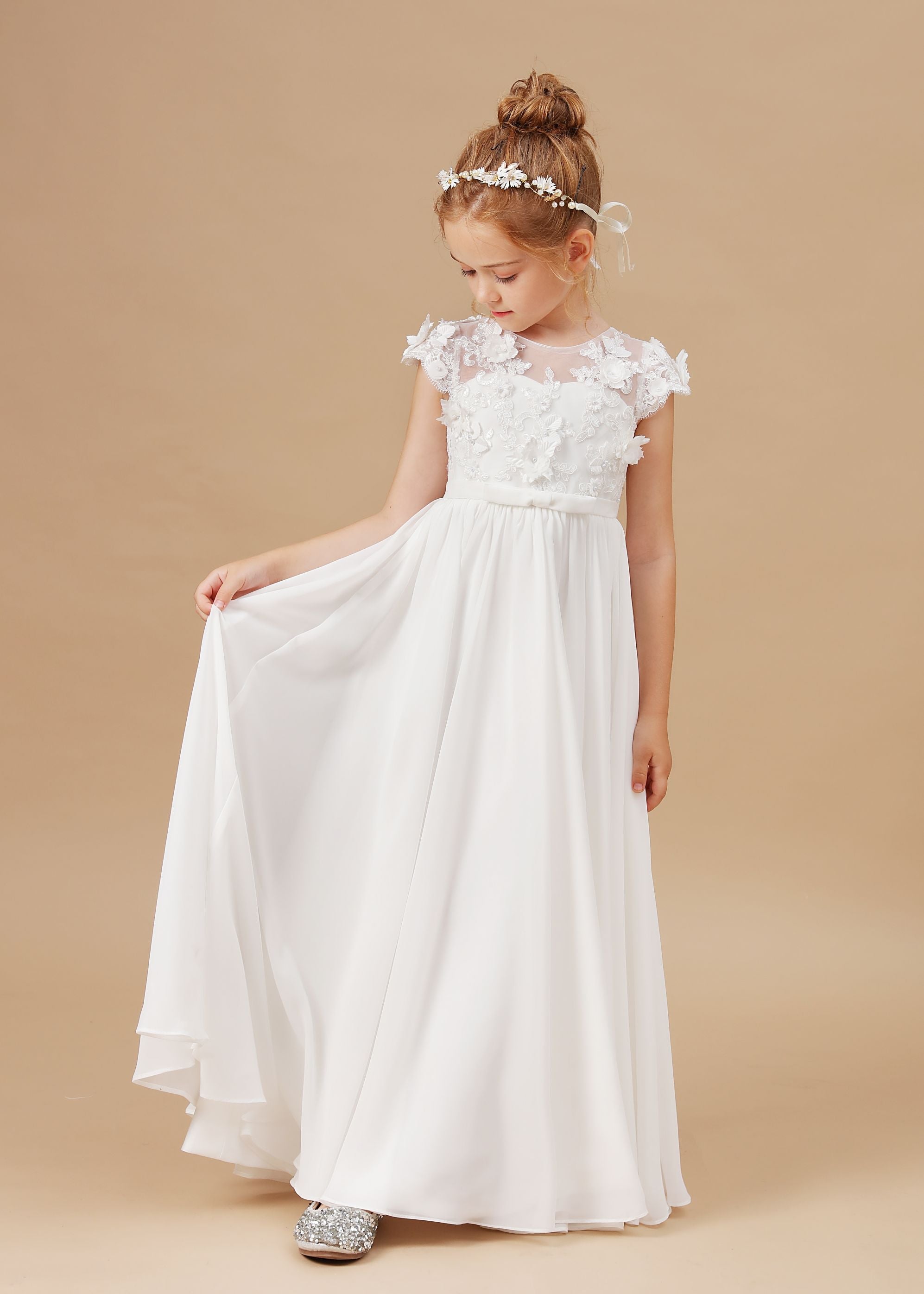 A Line Floor Length Ivory Chiffon Appliques Flower Girl Dress