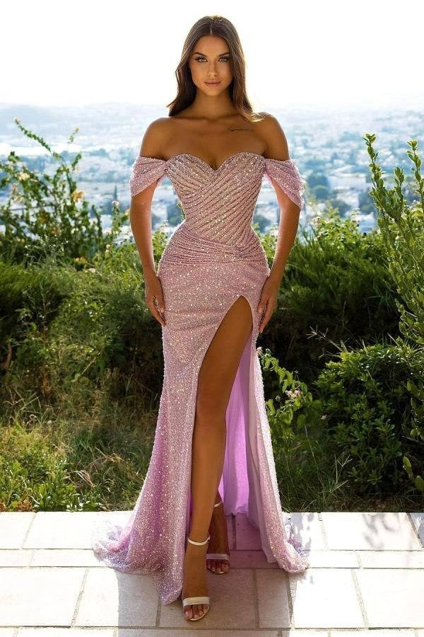 Pink Off-the-Shoulder Sequins Mermaid Prom Dresses Split PD0479