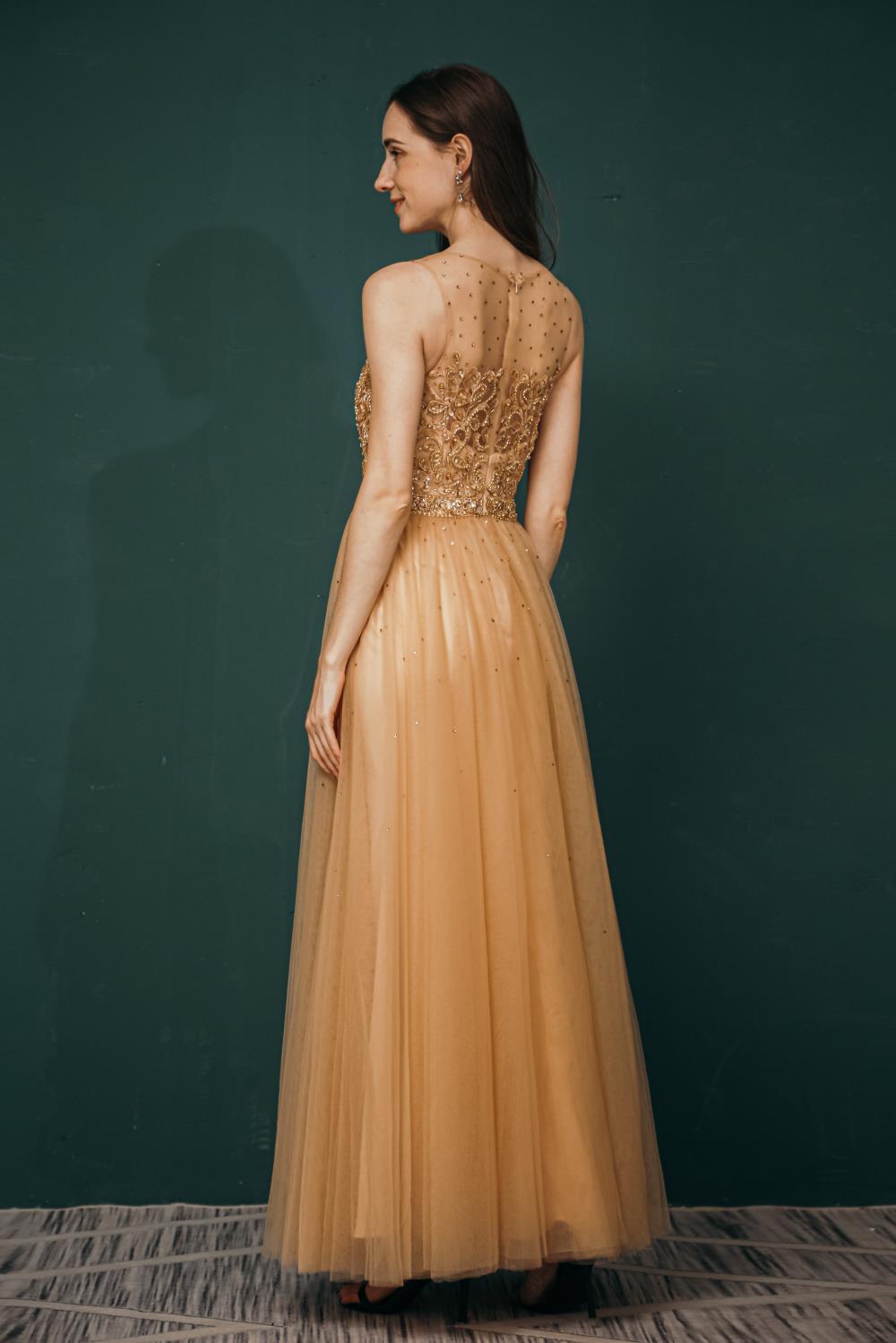 Glitter Gold Scoop Neckline Beading Tulle Long Prom Dresses Y361044