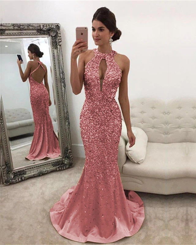 Glitter Modest Long Sheath Beading Open Back Long Prom Dresses Party Gowns Y0063