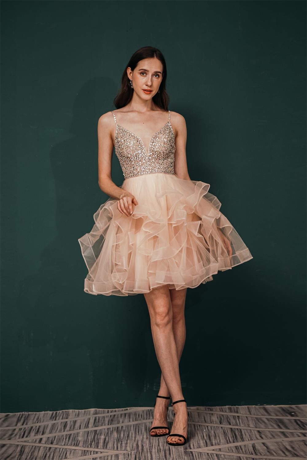 Spaghetti Straps Beading Tulle Homecoming Dresses Y341036