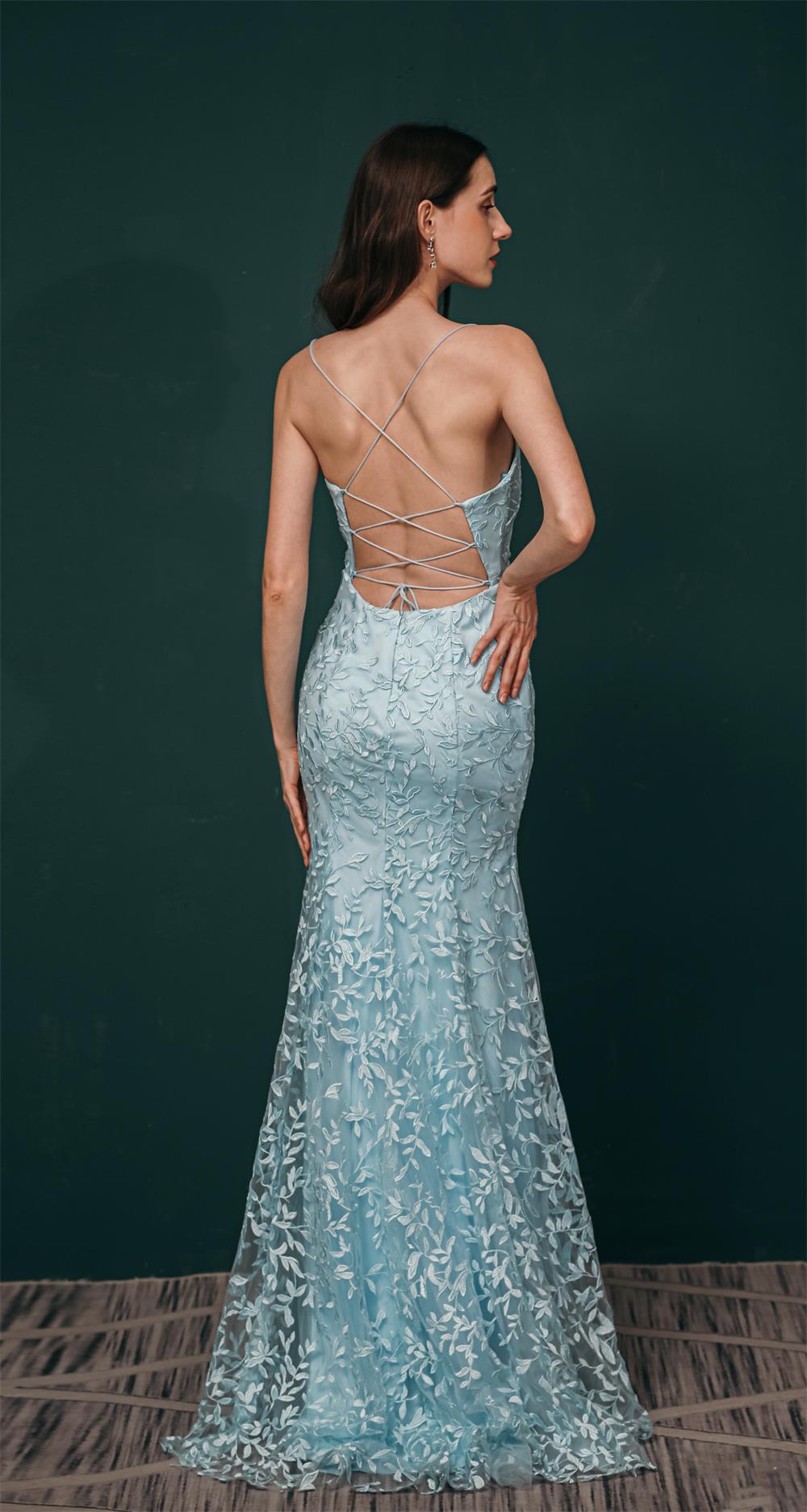 Pretty Sky Blue Backless Long Lace Spaghetti Straps Prom Dresses Event Dresses Y361047