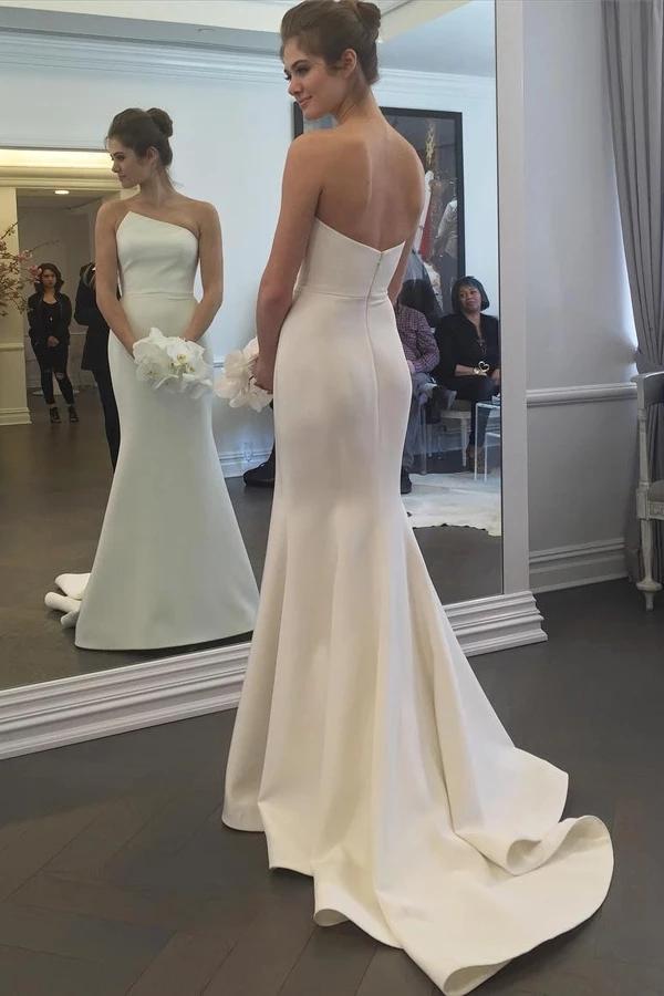 Simple Strapless Mermaid Long Wedding Dresses, Elegant Ivory Sweep Train Wedding Dresses N2520