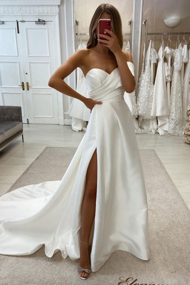 A Line Strapless Satin Wedding Dresses with Slit N131