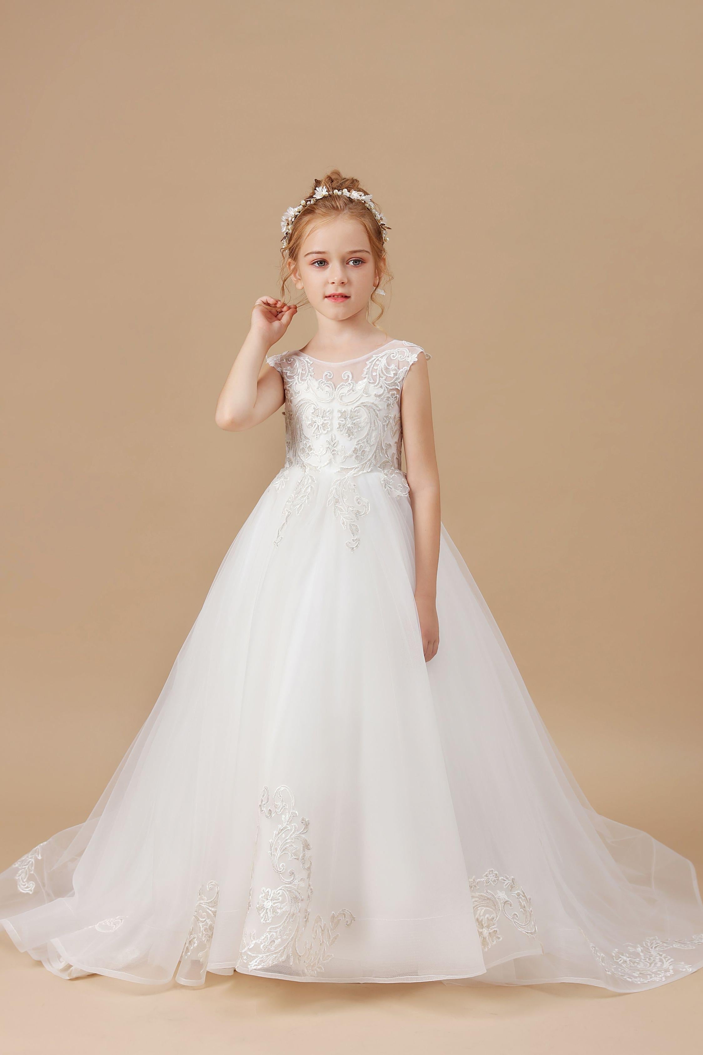 Ivory Sleevelesss Applique Sweep trailing Multi-Layer Tulle Flower Girl Dresses