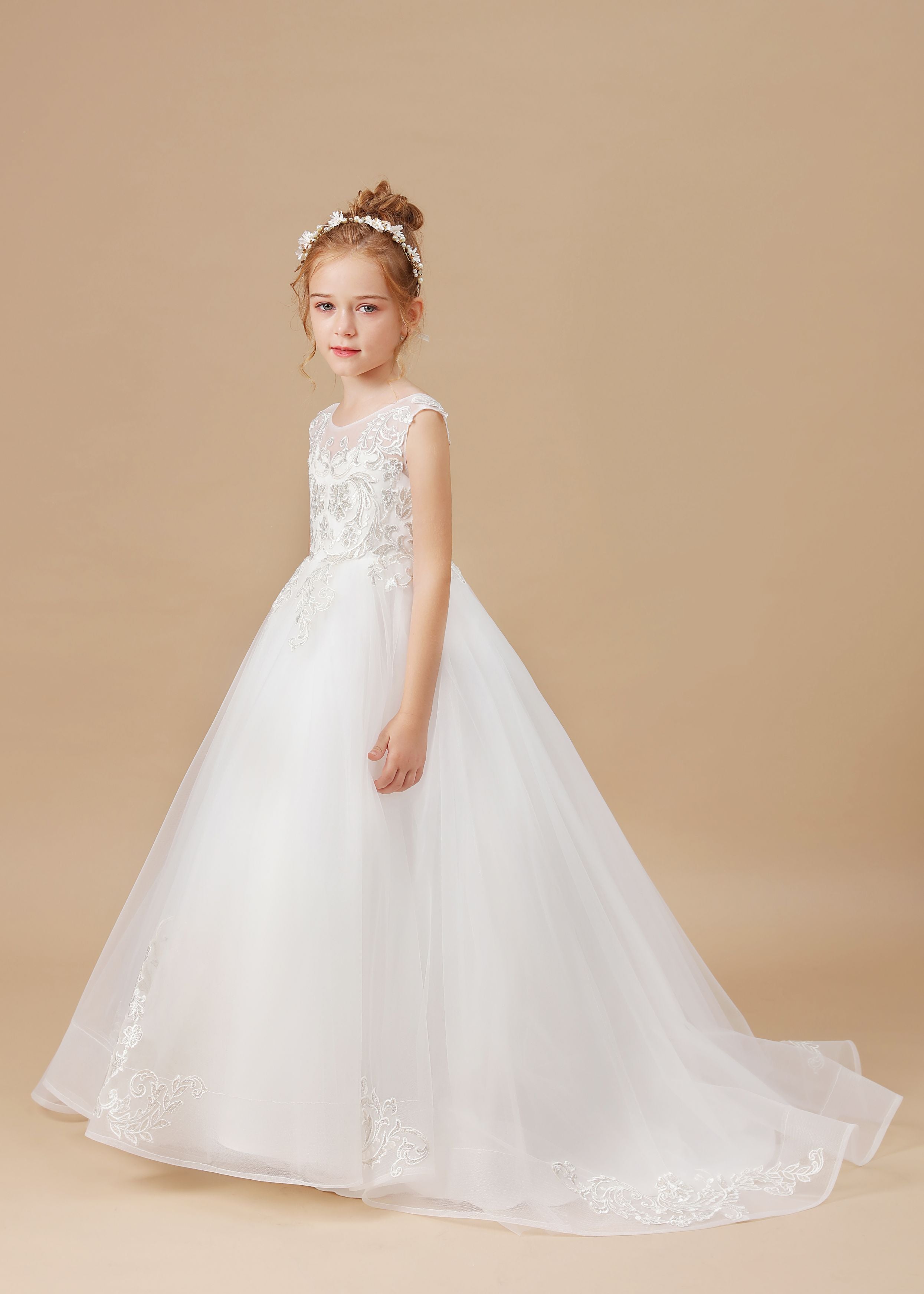 Ivory Sleevelesss Applique Sweep trailing Multi-Layer Tulle Flower Girl Dresses