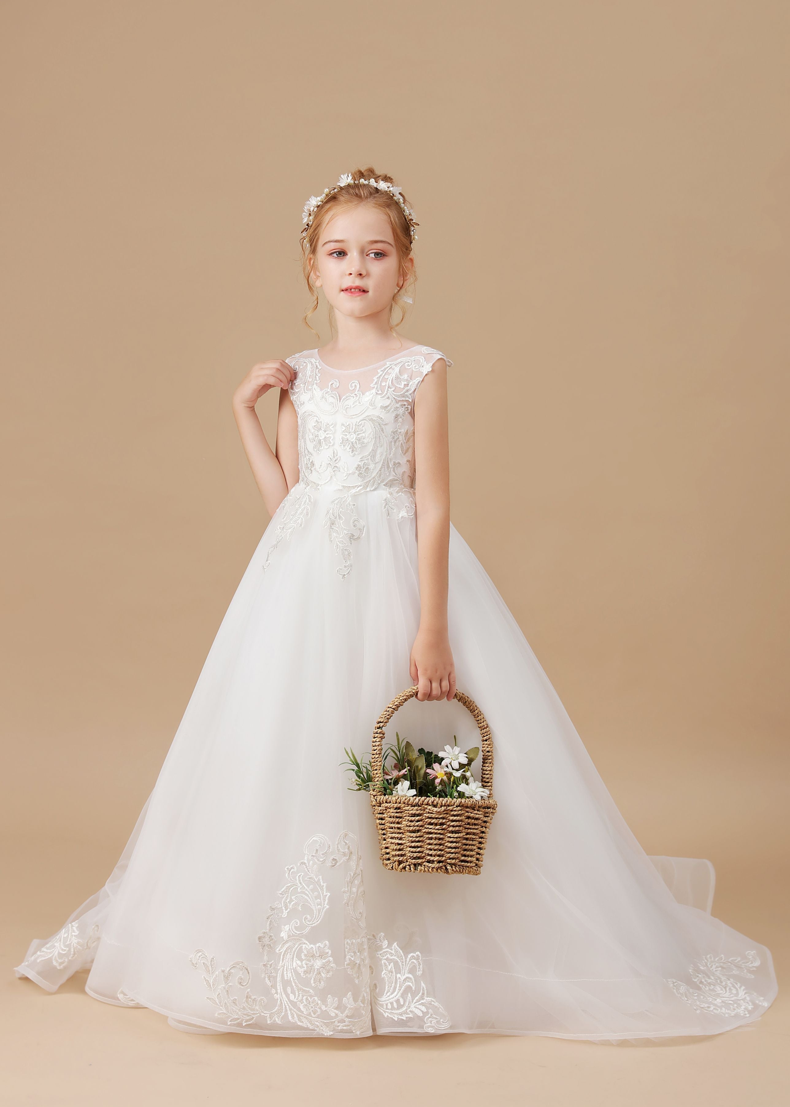 Ivory Sleevelesss Applique Sweep trailing Multi-Layer Tulle Flower Girl Dresses