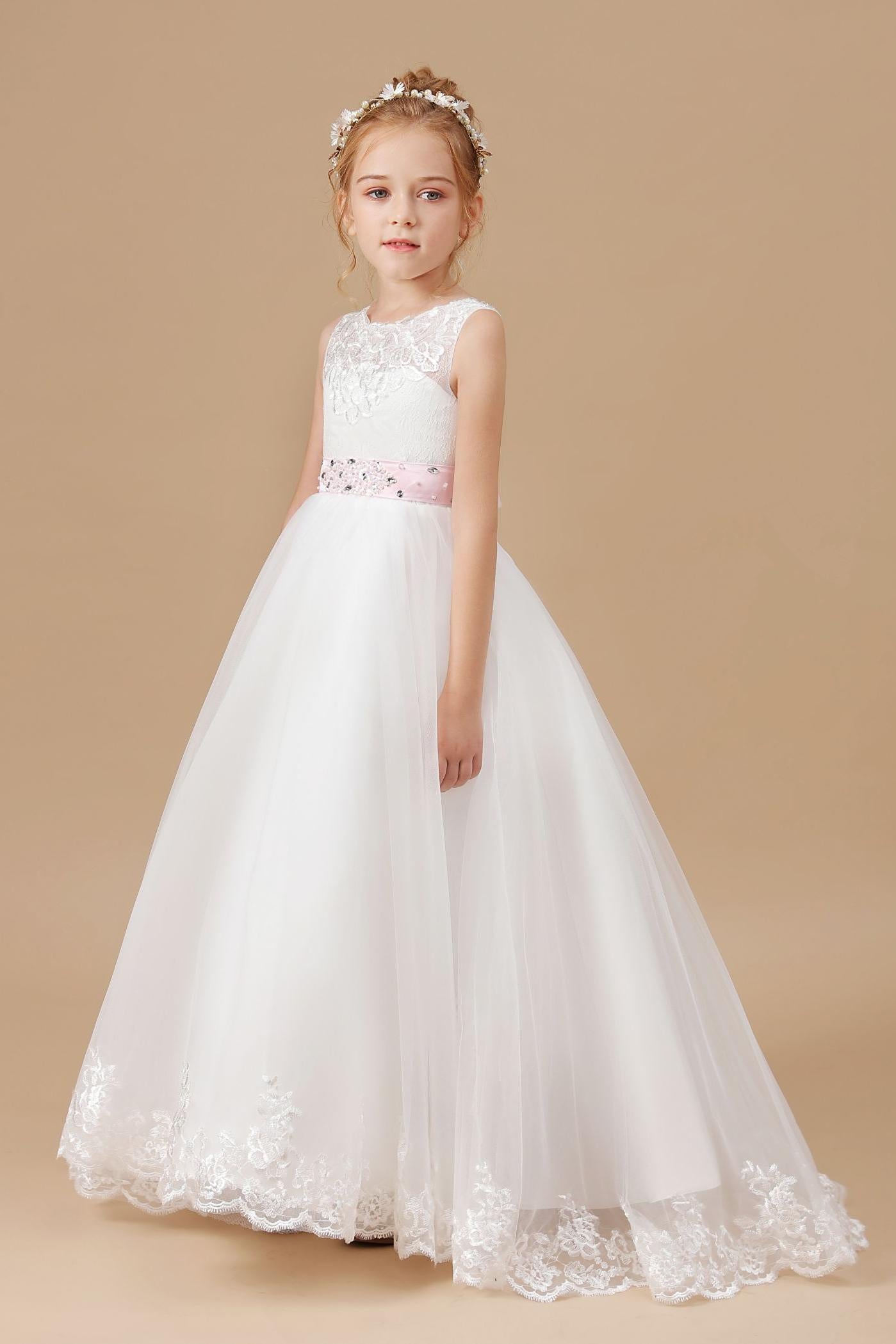 Floor-length Sleevelesss Lace Tulle Flower Girl Dresses With Pink Bowknot