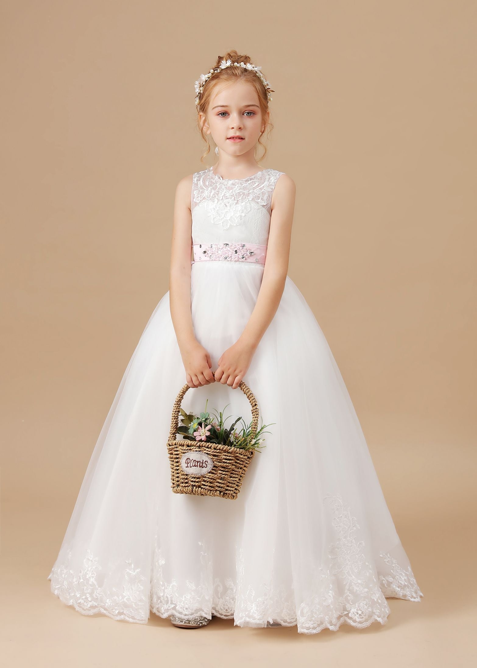 Floor-length Sleevelesss Lace Tulle Flower Girl Dresses With Pink Bowknot