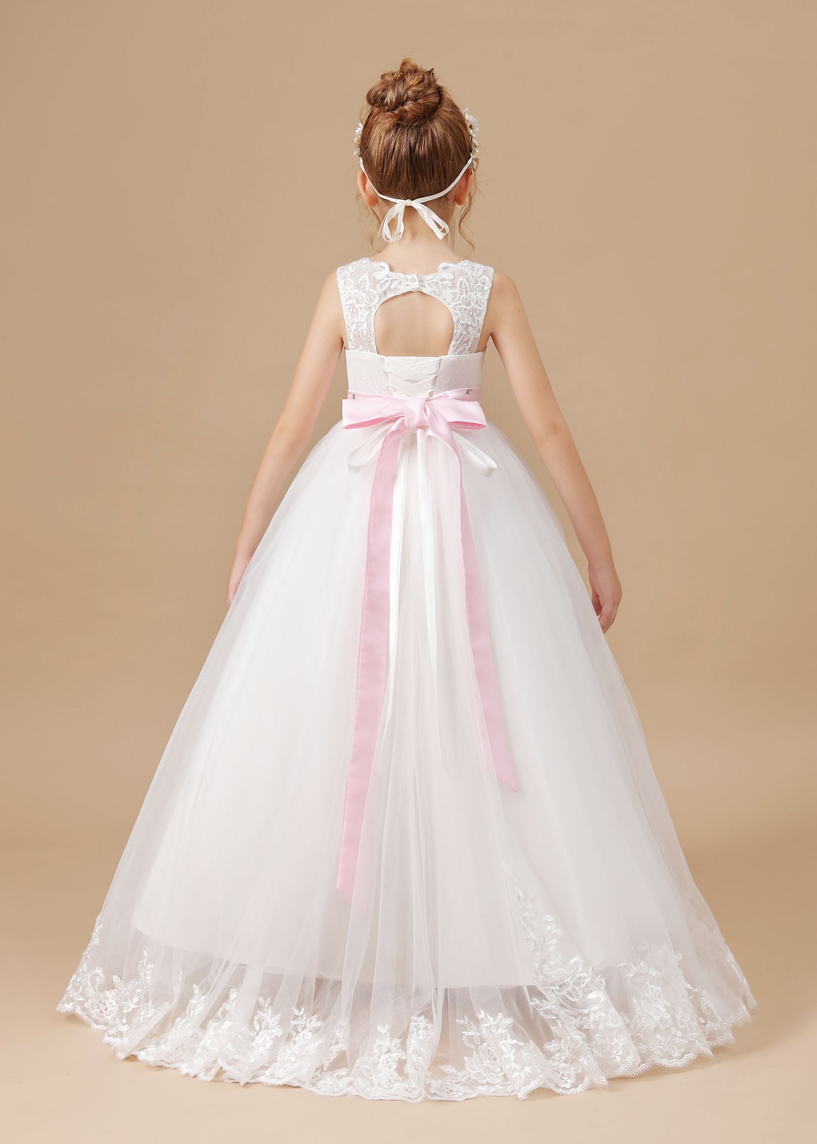 Floor-length Sleevelesss Lace Tulle Flower Girl Dresses With Pink Bowknot