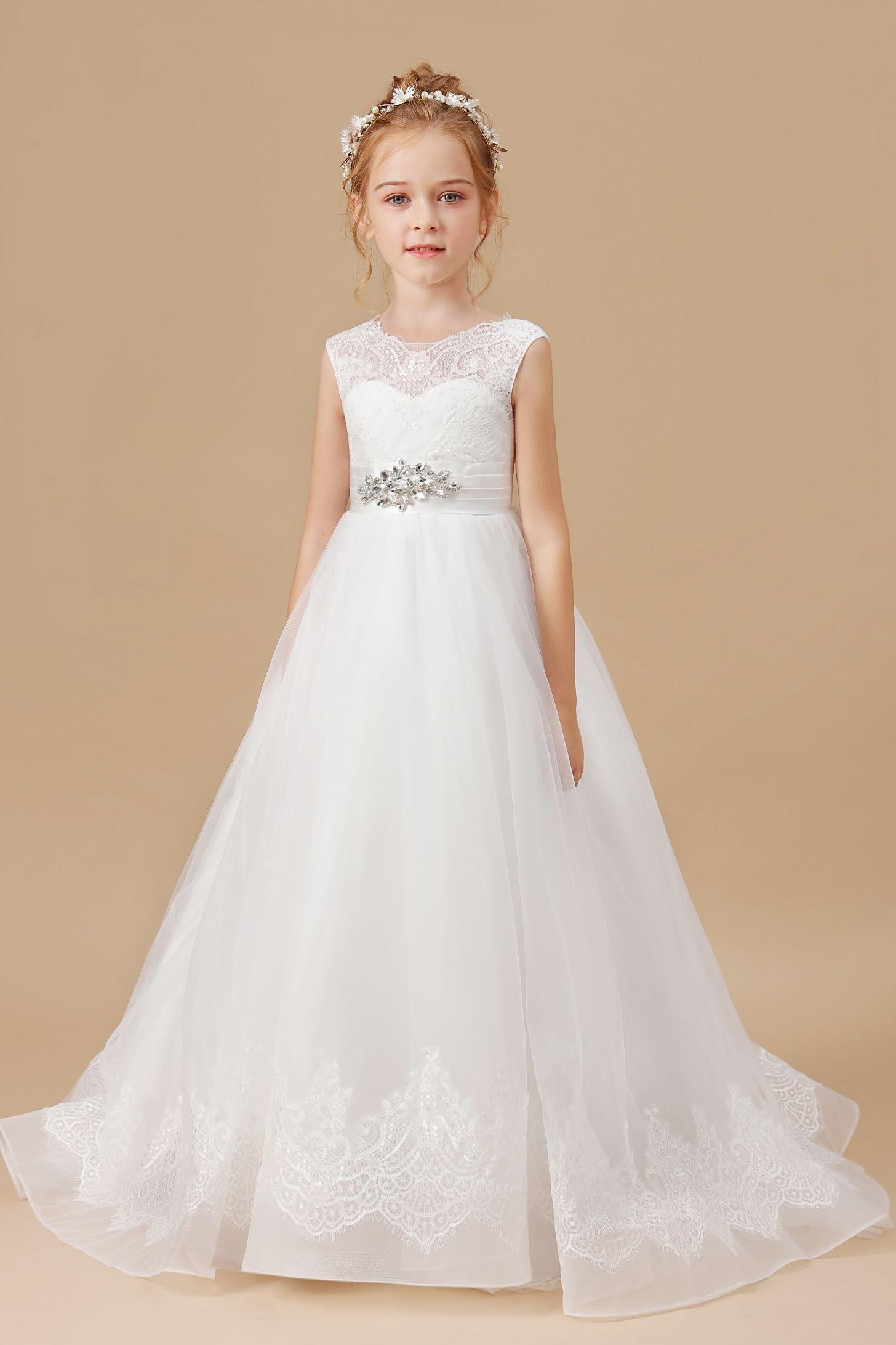 A Line Sleevelesss Tulle Floor-Length Flower Girl Dresses With Belt