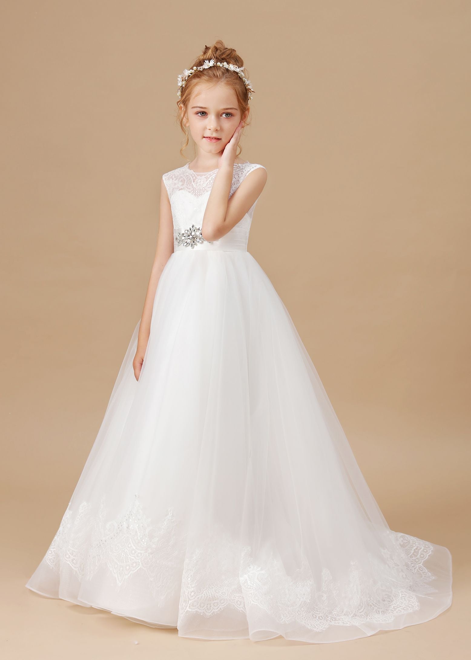 A Line Sleevelesss Tulle Floor-Length Flower Girl Dresses With Belt