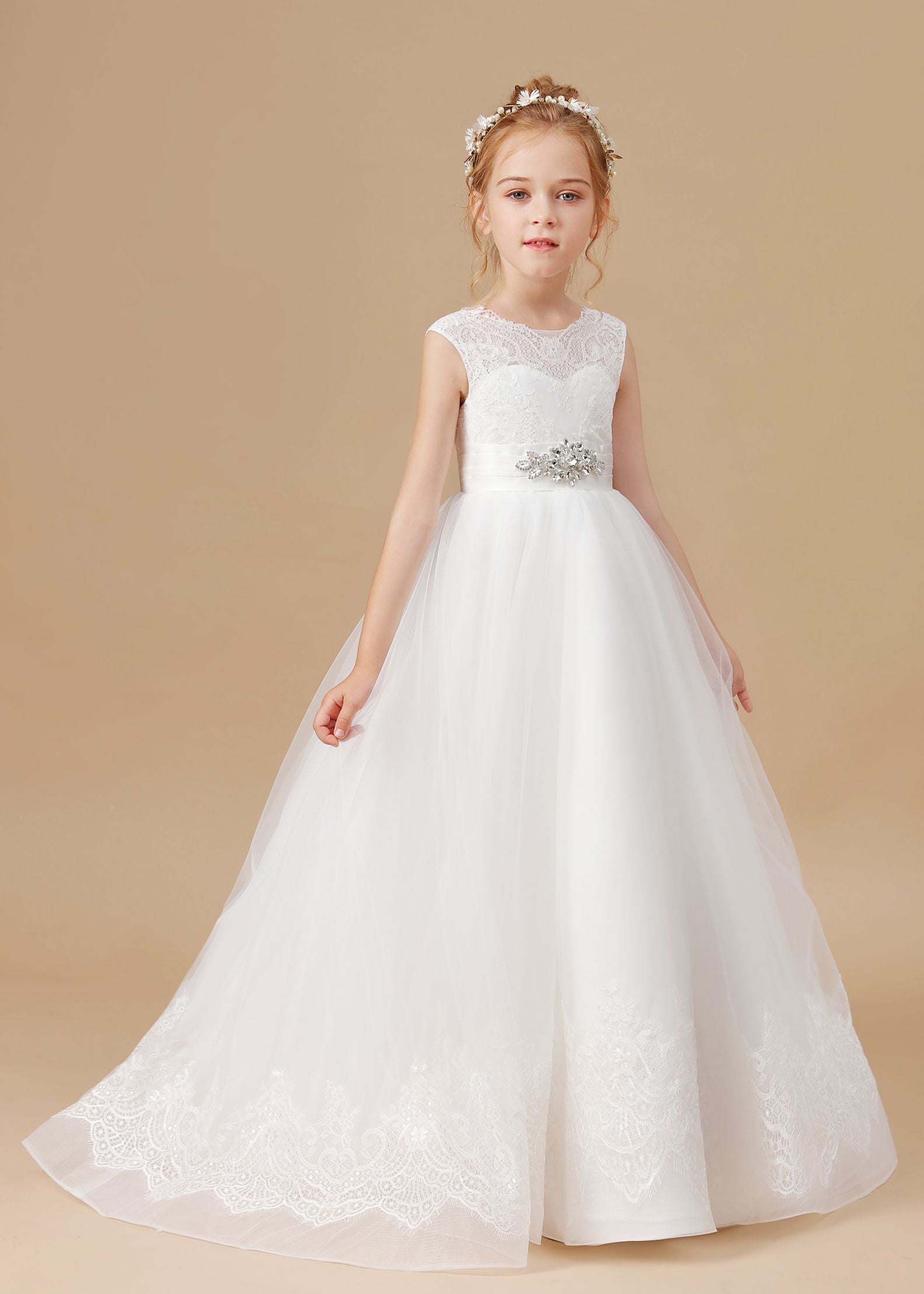 A Line Sleevelesss Tulle Floor-Length Flower Girl Dresses With Belt