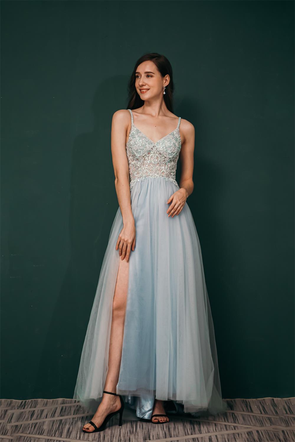 New Arrival Spaghetti Straps Beading Front Split Long Sky Blue Prom Dresses Y441055