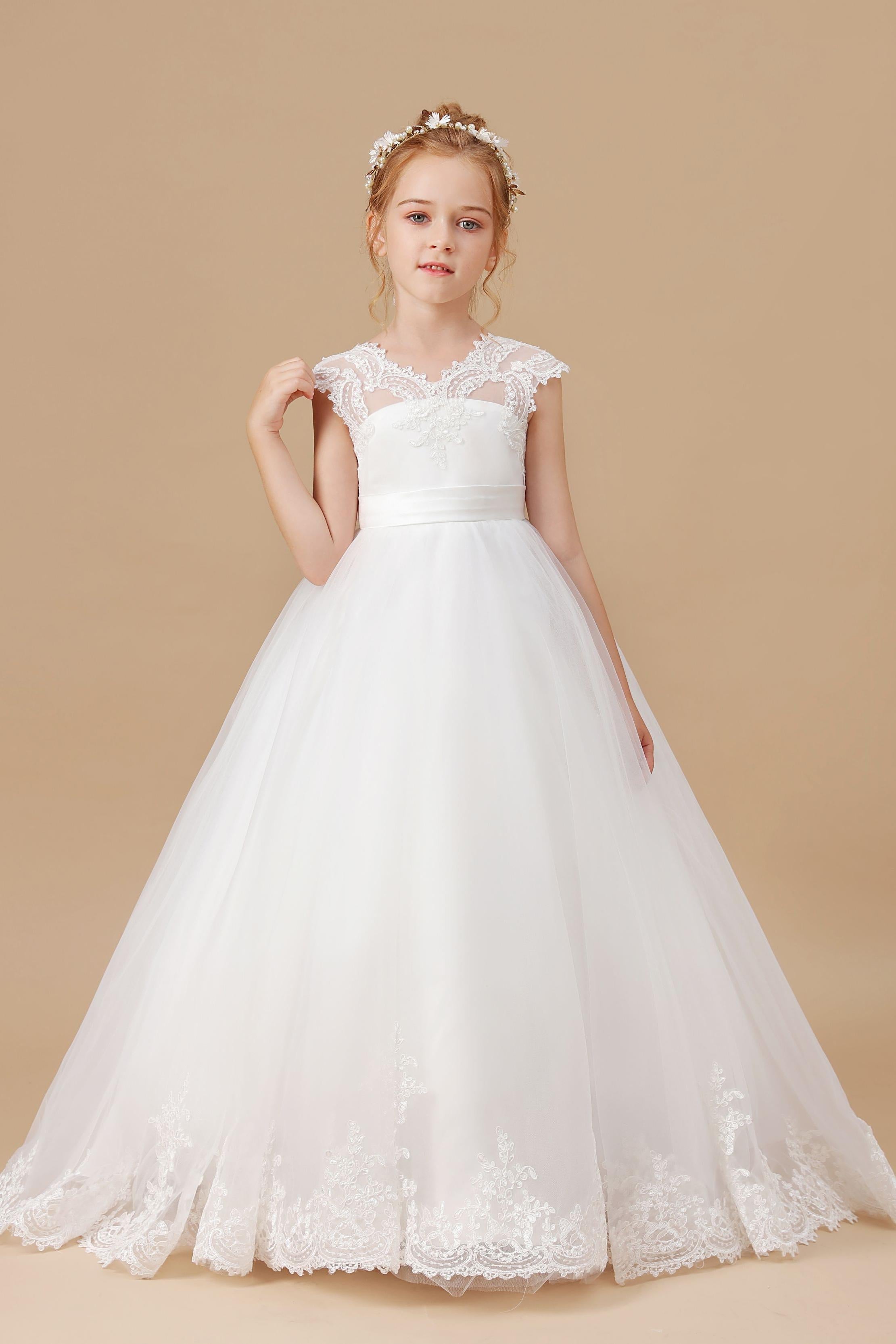 Ivory Floor-length V-Neck Lace Tulle Satin Flower Girl Dresses