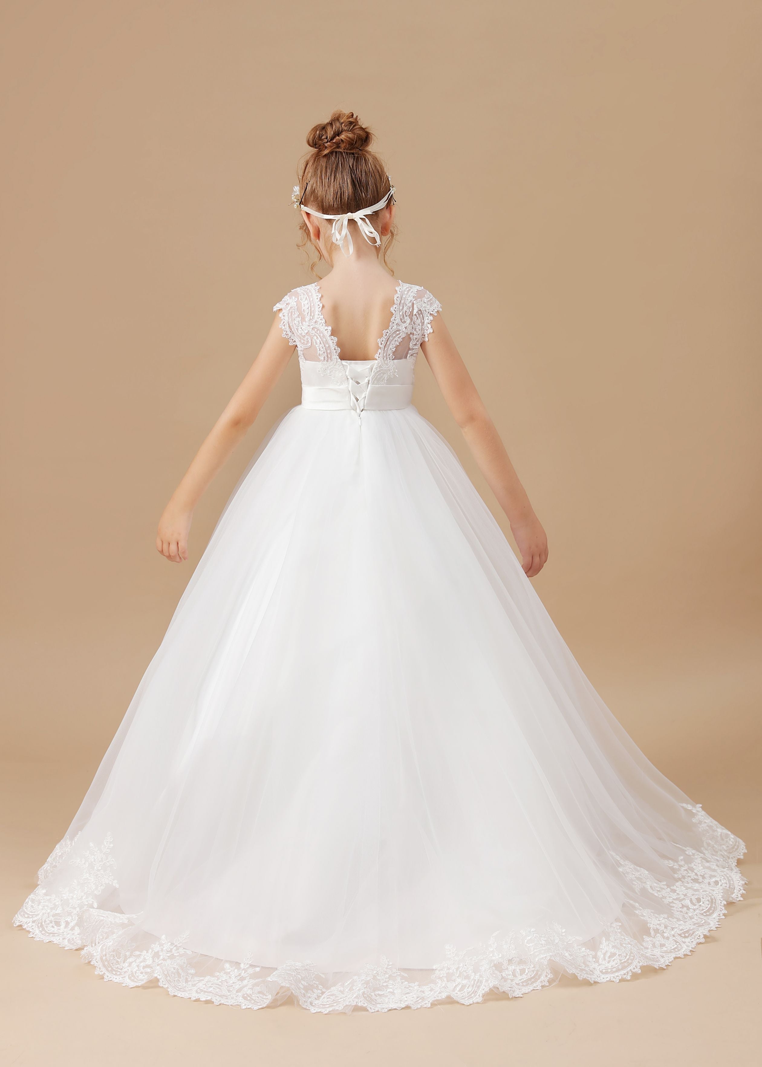 Ivory Floor-length V-Neck Lace Tulle Satin Flower Girl Dresses