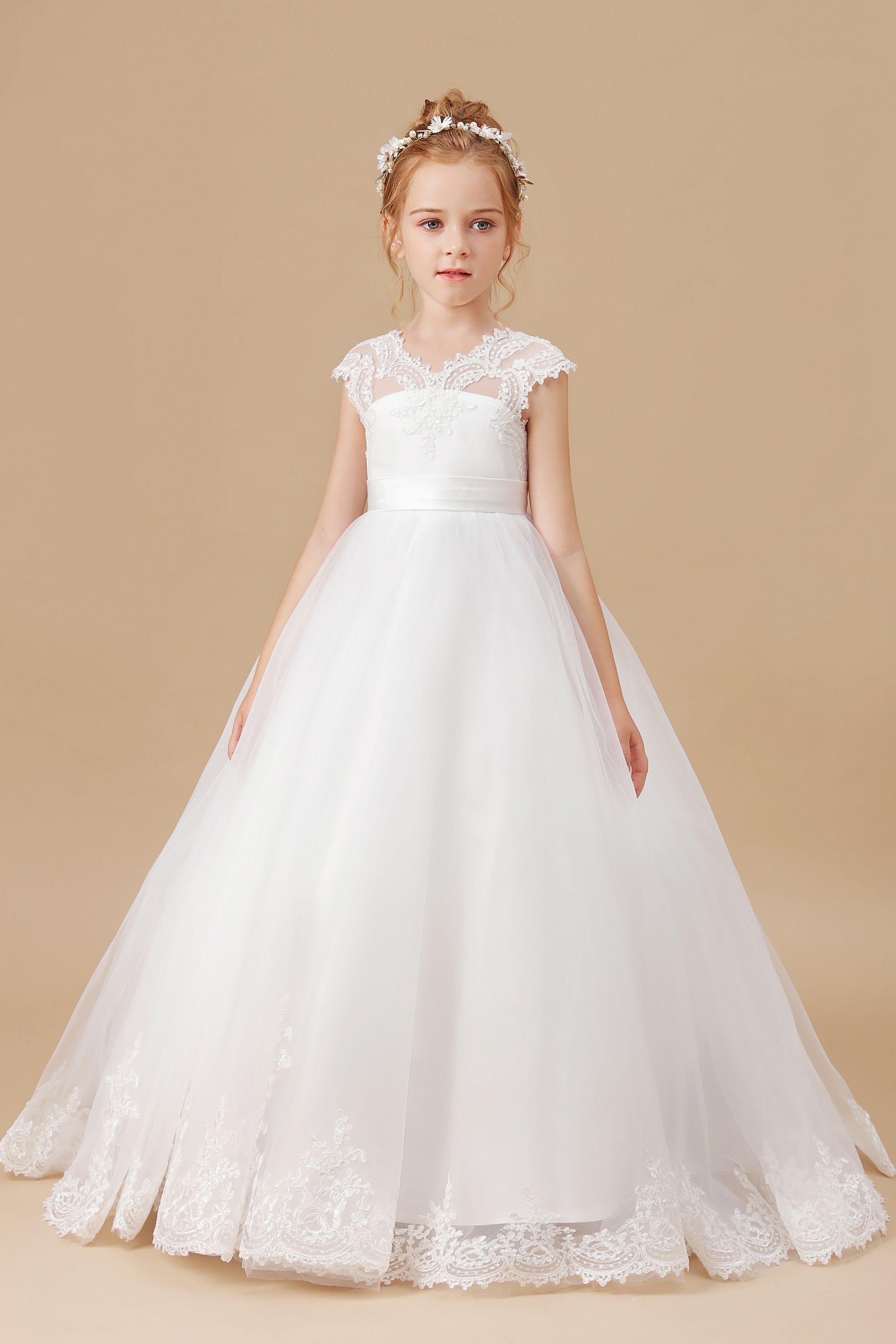 Ivory Floor-length V-Neck Lace Tulle Satin Flower Girl Dresses