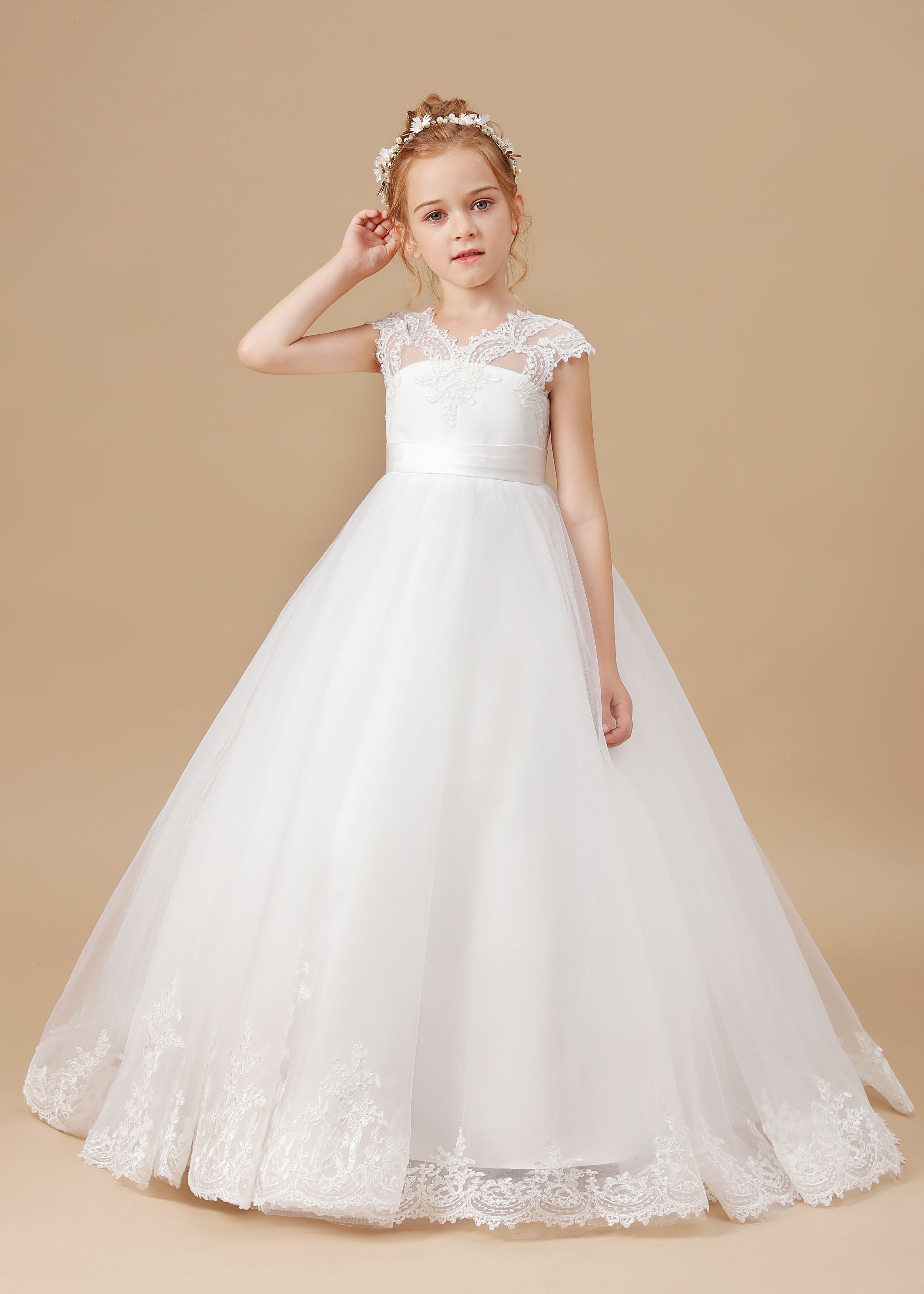 Ivory Floor-length V-Neck Lace Tulle Satin Flower Girl Dresses