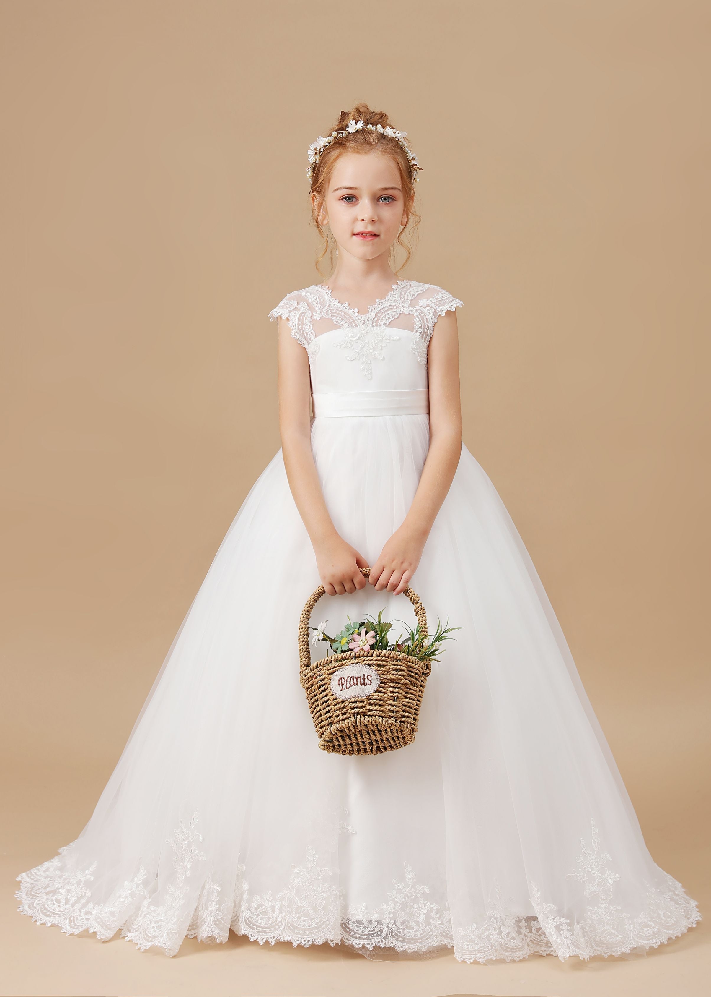 Ivory Floor-length V-Neck Lace Tulle Satin Flower Girl Dresses