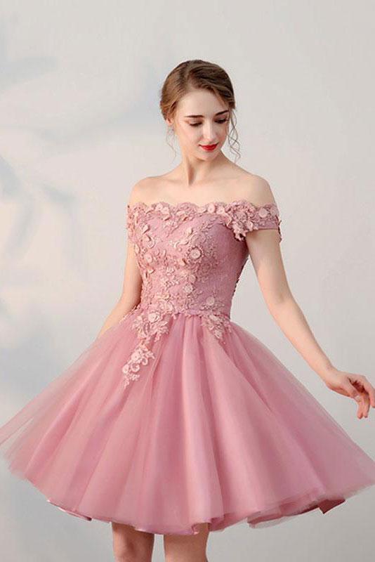 Pink Off the Shoulder Short Tulle Homecoming Dresses with Appliques N1681