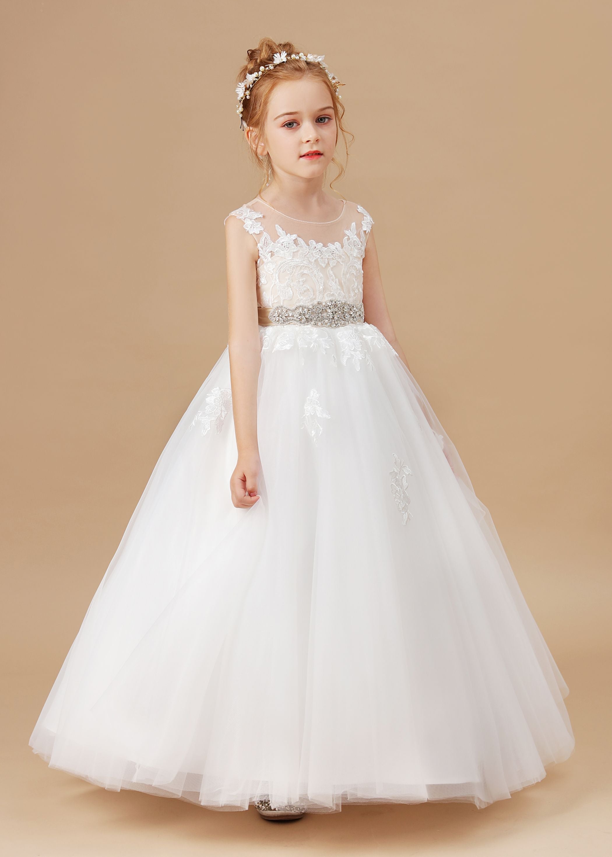 Ivory Sleeveless Tulle Applique Flower Girl Dresses With Champagne Bowknot