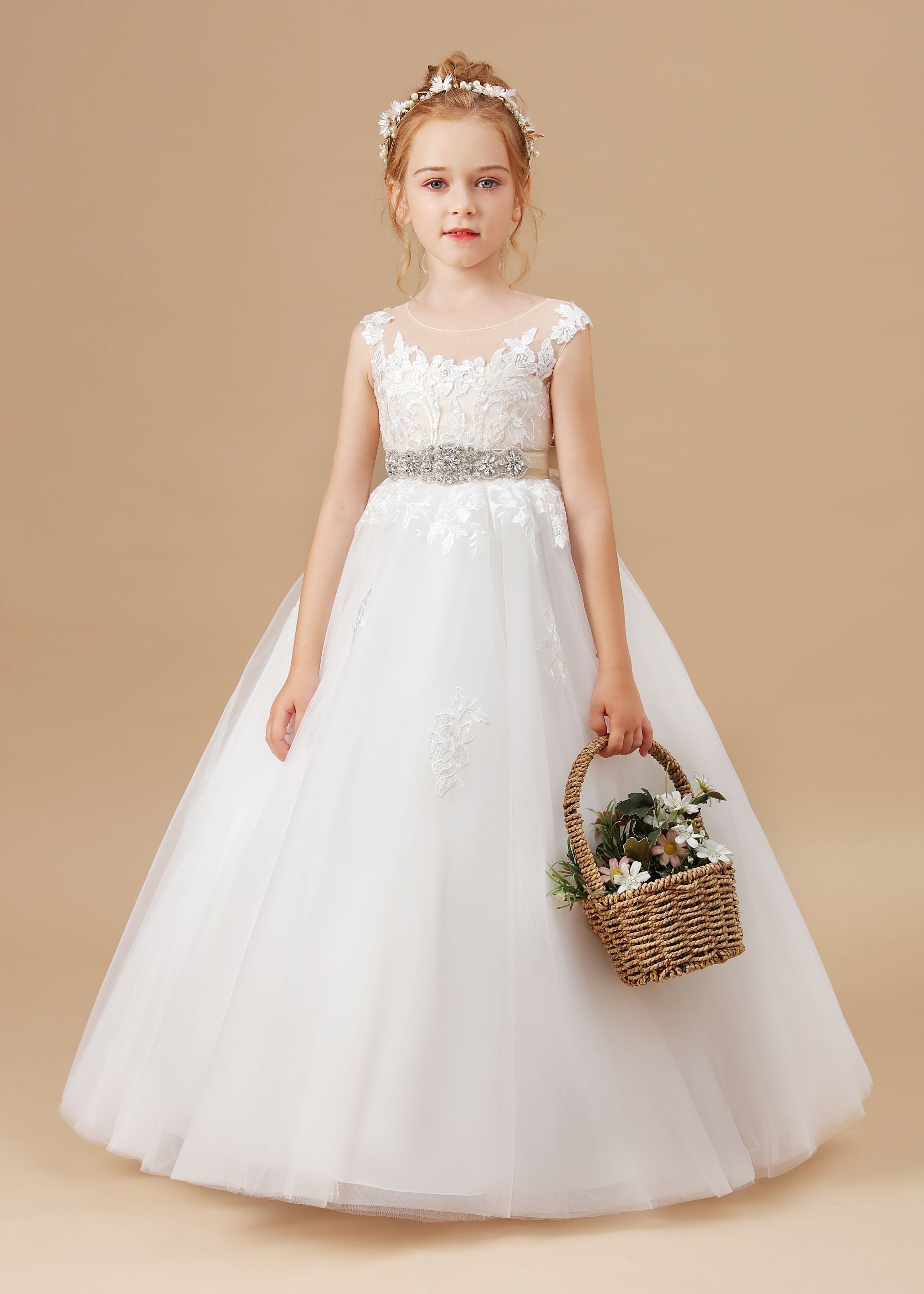 Ivory Sleeveless Tulle Applique Flower Girl Dresses With Champagne Bowknot