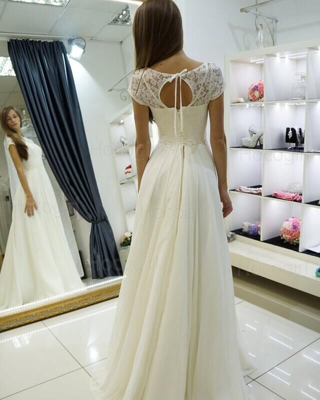 A Line Cap Sleeves Lace Sweep Train Beach Wedding Dress