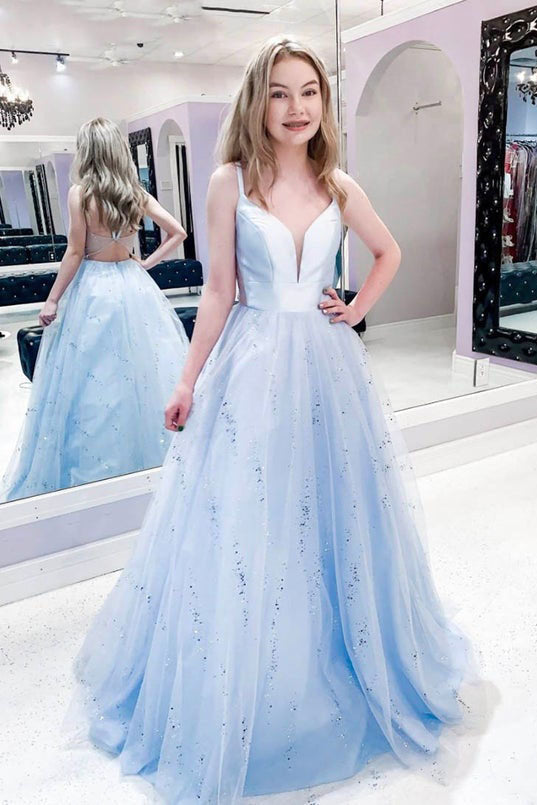 A Line Tulle Spaghetti Straps Light Blue Evening Dresses Long Prom Dresses