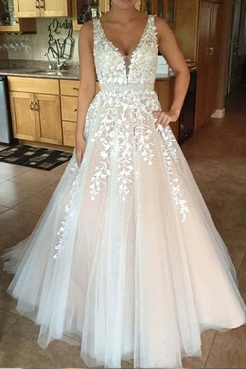 Princess A Line Tulle Long Prom Dresses with Appliques Wedding Dresses Hot Sell Prom Gown N1236