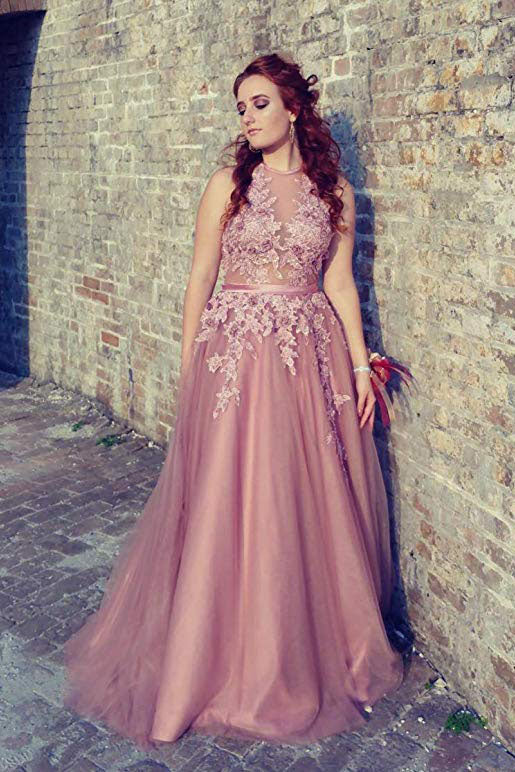 A-Line Halter Tulle Appliques Prom Dresses with Rhinestones N1464