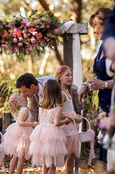 Adorable A Line Knee length Pink Tulle Little Flower Girl Dresses with Lace Backless Party Dresses F010