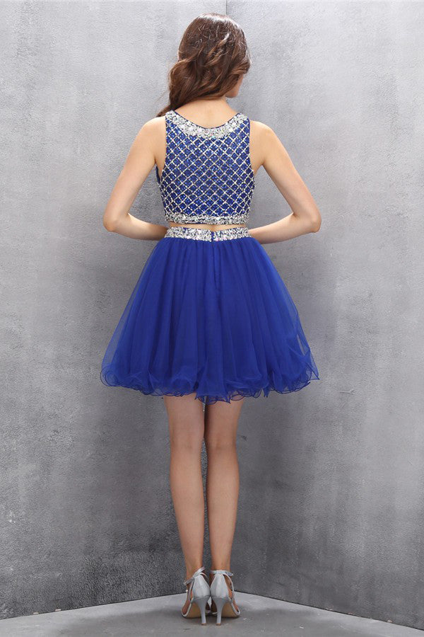 Two Pieces Royal Blue Organza Beaded Homecoming ED75