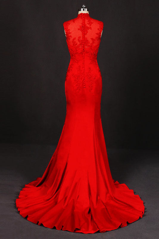 Red Sleeveless High Neck Sleeveless Satin Evening Dresses Appliques Prom Dresses N2332