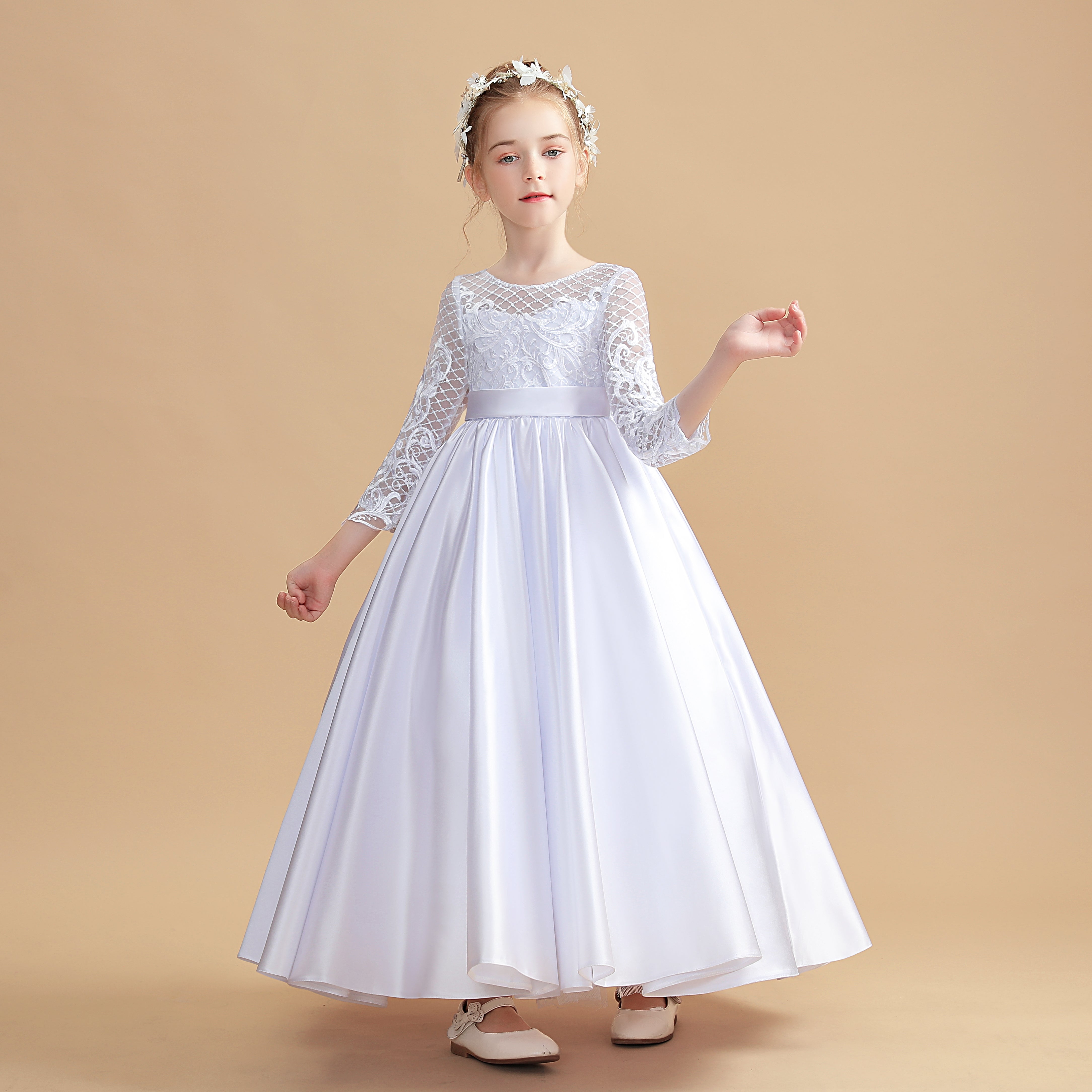 Round Neck Satin Long Sleeves Flower Girl Dresses With Bowknot