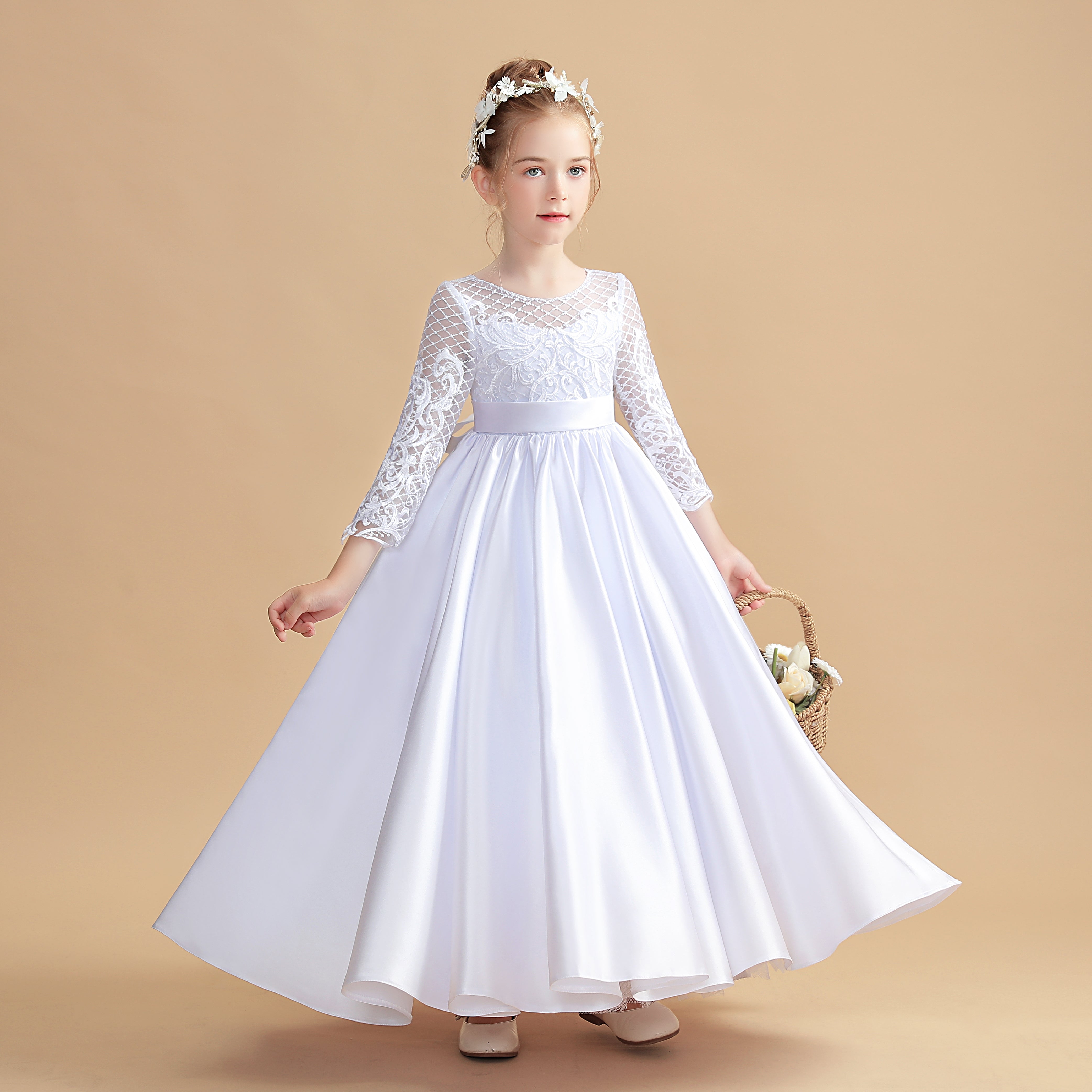 Round Neck Satin Long Sleeves Flower Girl Dresses With Bowknot