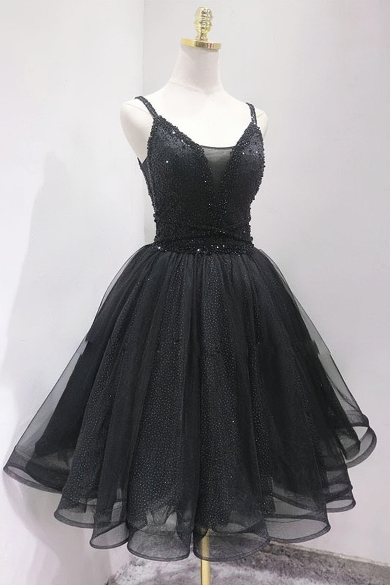 A Line Straps Beaded Tulle Black Puffy Homecoming Dresses ...