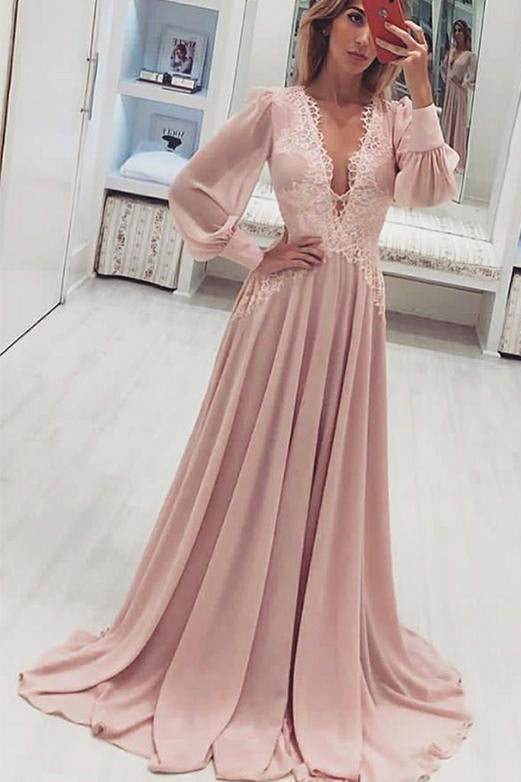 A Line Deep V Neck Long Pink Prom Dress with Appliques Long Sleeves N1431