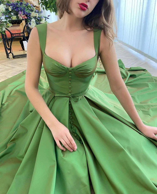 A Line Green Straps Floor Length Prom Dress With Pockets PD0171