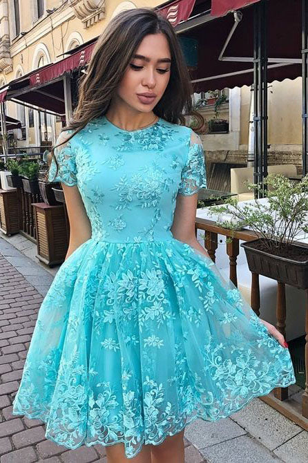 A Line Short Sleeve Lace Homecoming Dresses Short Sleeves N1862