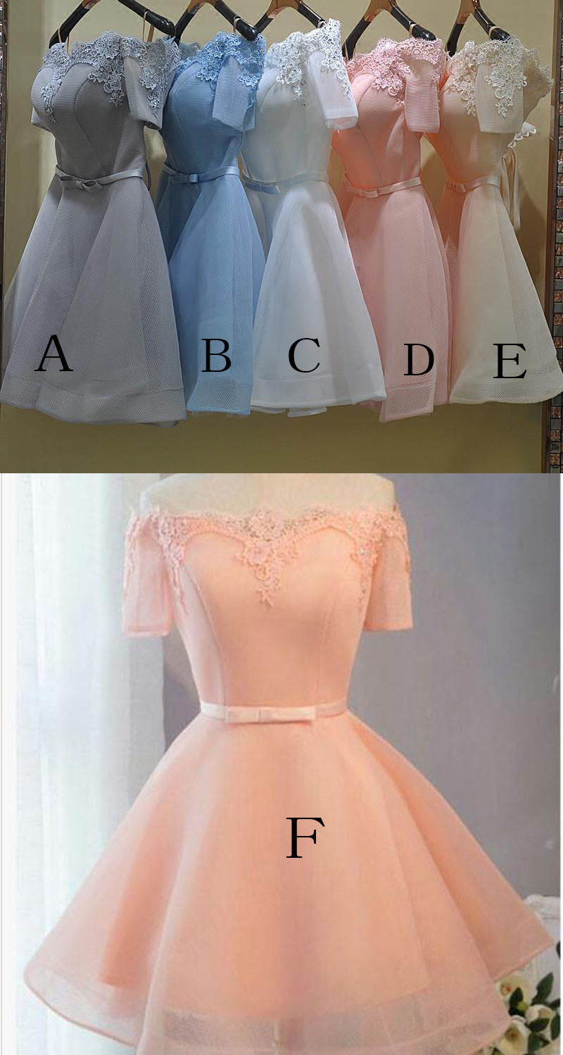 Pastel Lace Appliqued Off The Shoulder Short Sleeves Homecoming Dresses