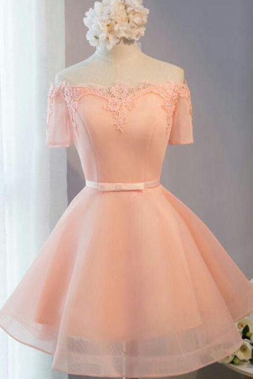 Pastel Lace Appliqued Off The Shoulder Short Sleeves Homecoming Dresses