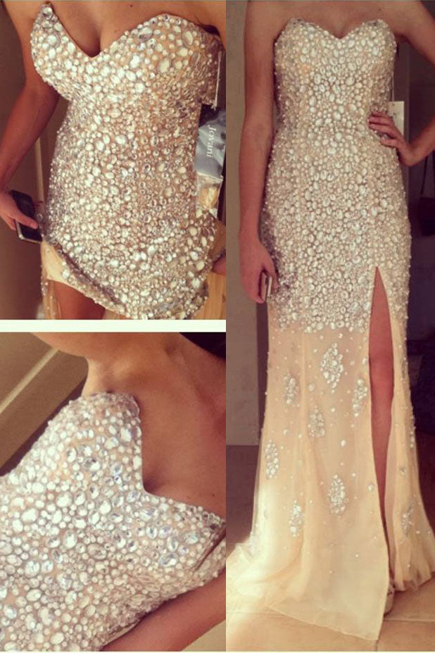 Sheath Sparkly Strapless Sweetheart Sleeveless Long Prom Dress with Rhinestones,N414