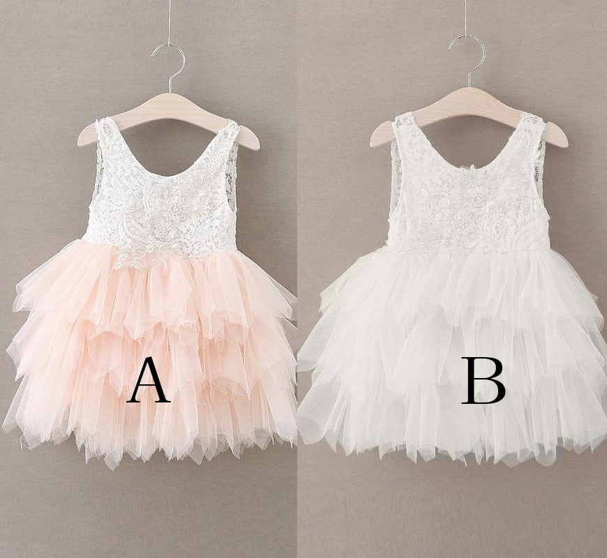 Adorable A Line Knee length Pink Tulle Little Flower Girl Dresses with Lace Backless Party Dresses F010