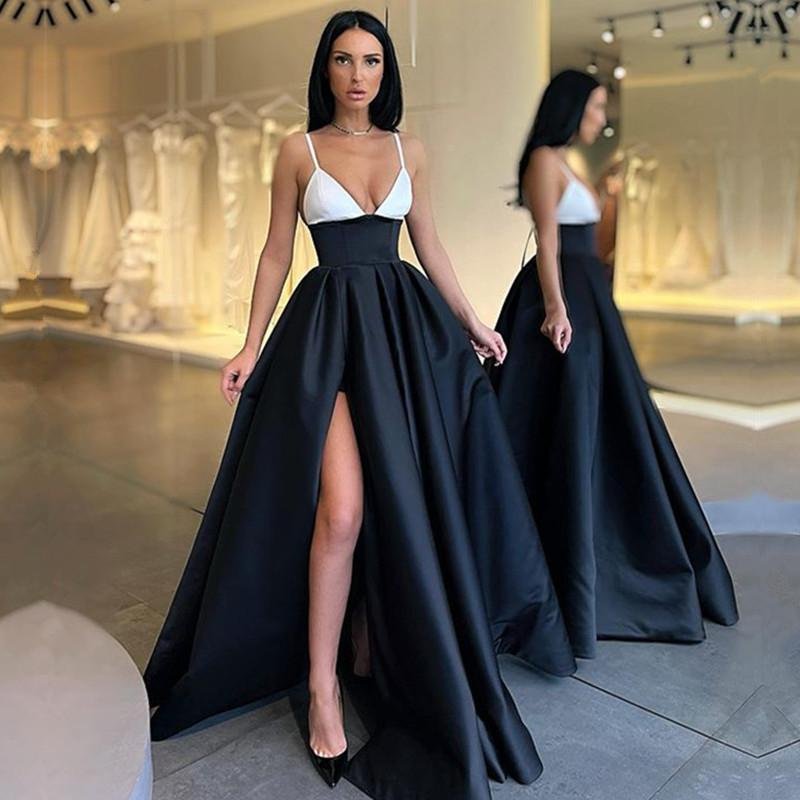 A Line Satin Black and White Spaghetti Straps Prom Dress PD0116