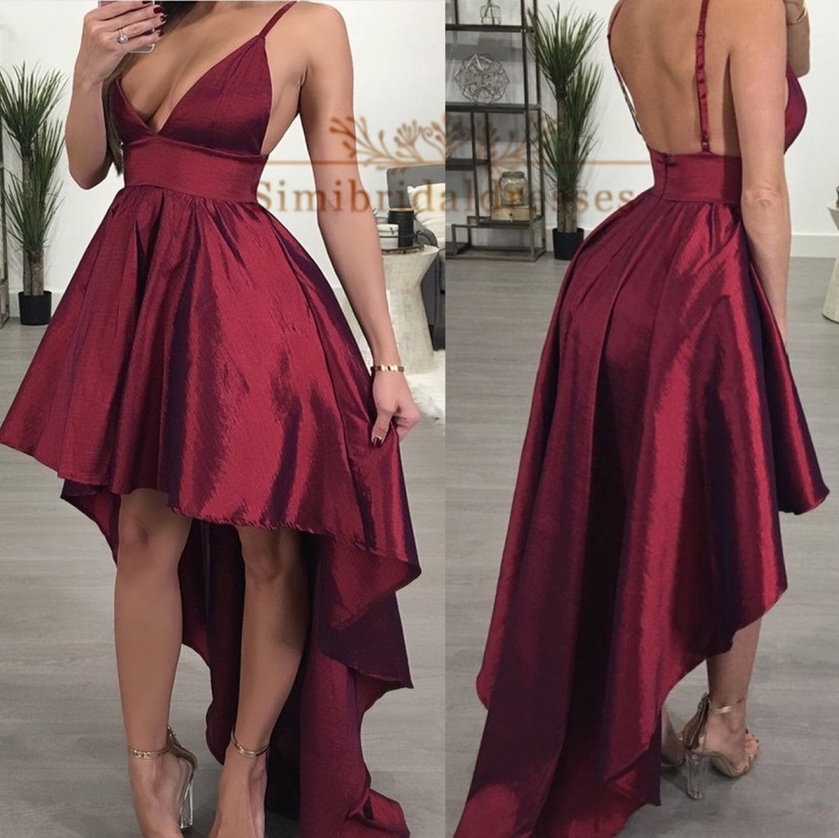 Burgundy High Low Spaghetti Strap V Neck Sleeveless Prom Dresses N1377 ...