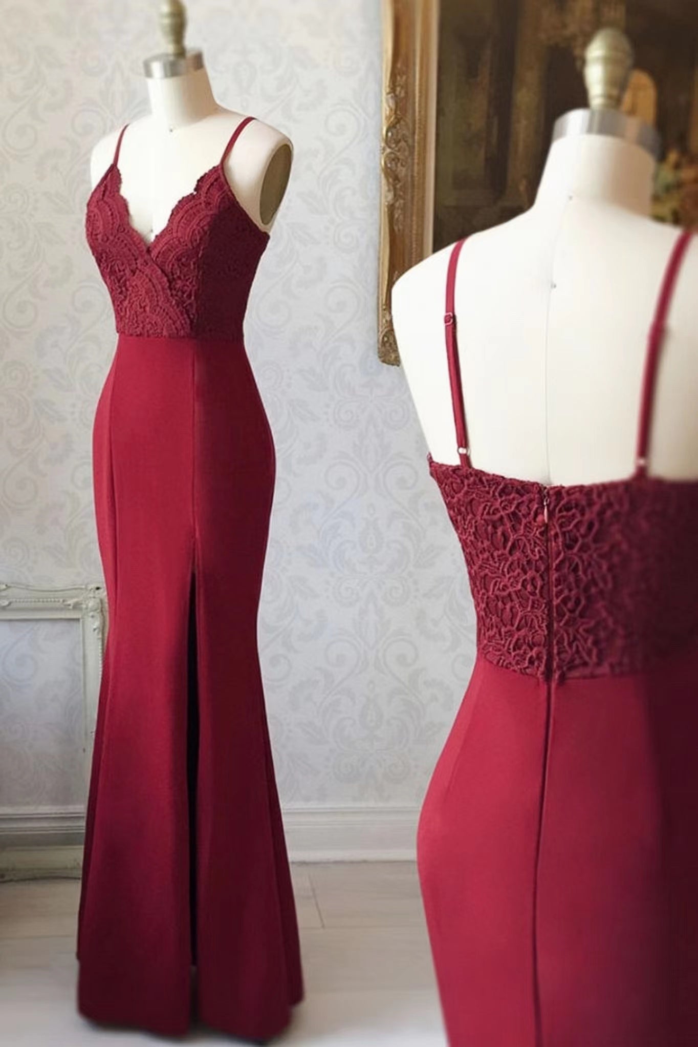 Burgundy Spaghetti Strap V-Neck Mermaid Long Prom Dresses with Lace N1295