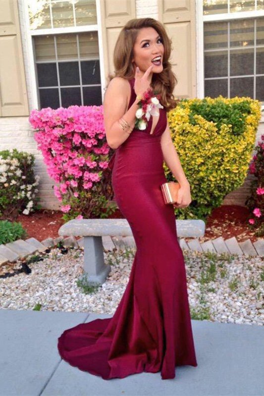 Mermaid V-Neck Sleeveless Chiffon Party Dresses Burgundy Deep Prom Dresses PD0258