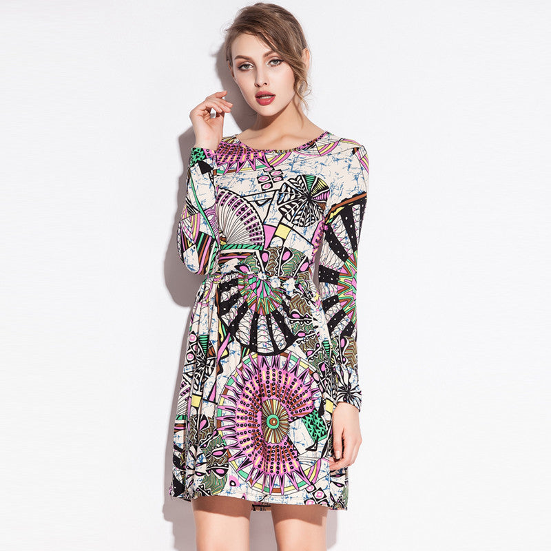 Fashion Print models Waist Wrinked One Piece Cotton Dresses